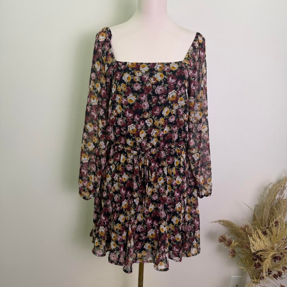 Trixxi Medium Floral Sheer Chiffon Long Sleeve Mini Dress
